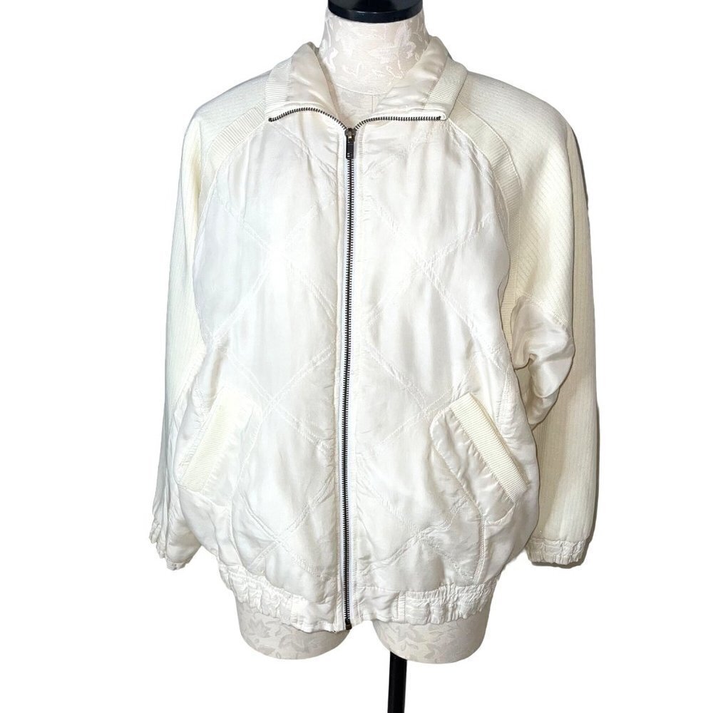 Lavon Vintage Womens Track Jacket White Size Small Pure Silk Knit Sleeve Lined